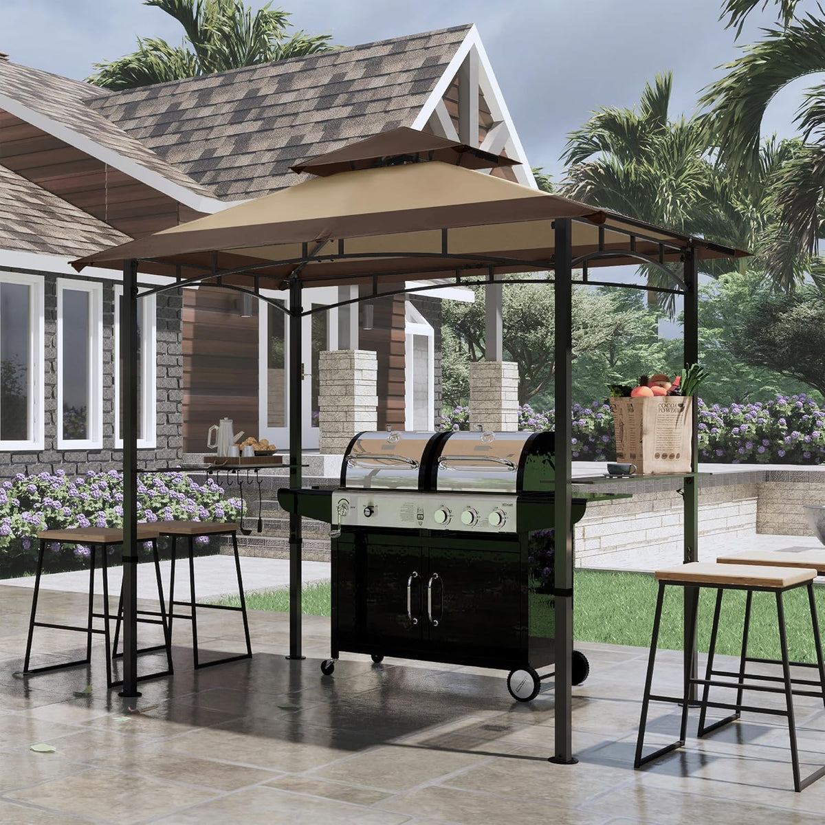 COOSHADE 8'x 5' Grill Gazebo Double Tiered Outdoor BBQ Gazebo Canopy with LED Light (Brown with Khaki)