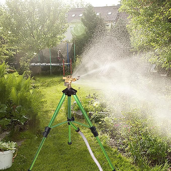Triumpeek Impact Sprinkler on Tripod Base with Stakes, 360 Degree Large Area Coverage Irrigator with Extension Legs, Adjustable Brass Sprinkler Head Nozzle and 3/4" NH Inlet Hose Connection (1)