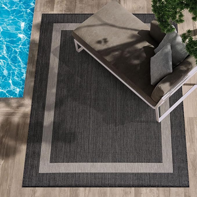 CAMILSON Outdoor Rug 6x9,Modern Outside Rugs for Patios Porches Waterproof Durable Washable Non-Shedding, Easy-to-Clean Indoor Outdoor Area Carpet (6 x 9, Bordered - Dark Gray/Light Gray)