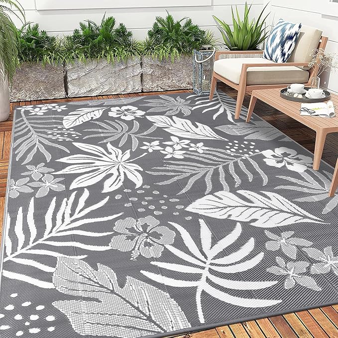 Pauwer Waterproof Outdoor Rug 8x10, Reversible Plastic Straw Patio Camping Rug, Indoor Outdoor RV Mat Carpet for Deck, Camper, Porch, Balcony, Backyard, Picnic, Floral Grey