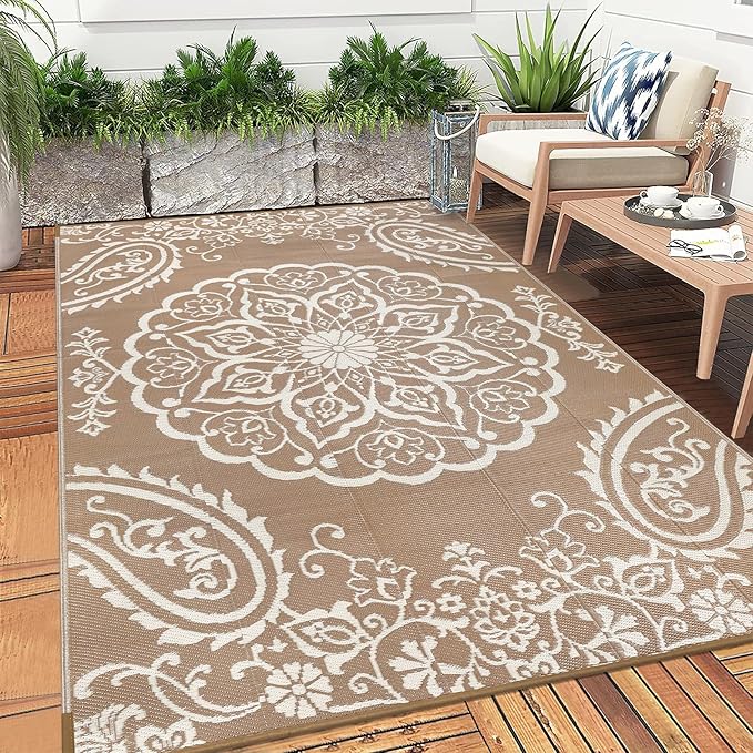 Pauwer Waterproof Outdoor Rug 5x8, Reversible Plastic Straw Patio Camping Rug, Indoor Outdoor RV Mat Carpet for Deck, Camper, Porch, Balcony, Backyard, Picnic, Boho Brown