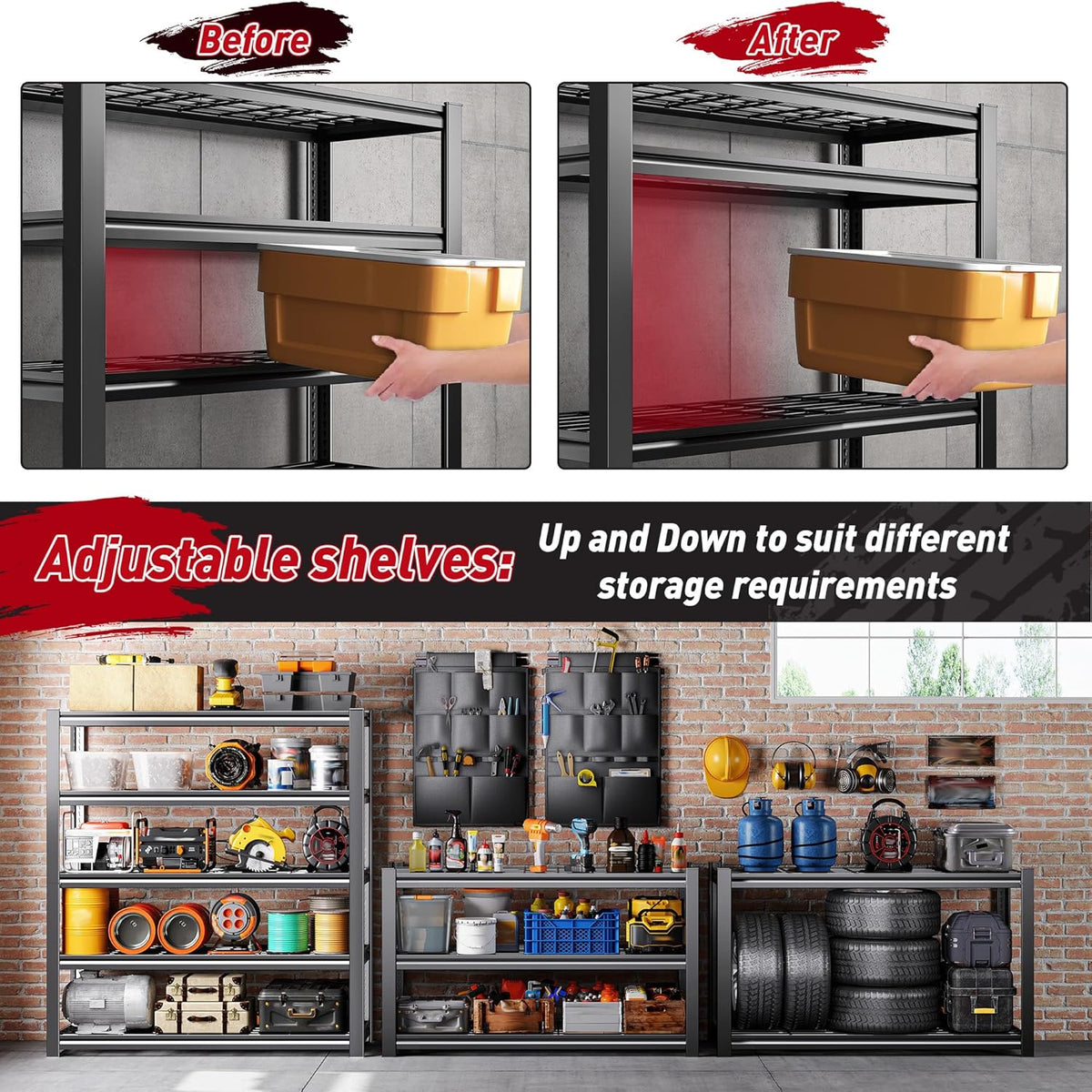 REIBII Storage Shelves, Heavy Duty Garage Shelving Load 2500LBS, 5-Tier Garage Shelves with Tool Storage Bag, Adjustable Industrial Metal Shelving for Basement, 66" H x38.2 W x16 D, Black