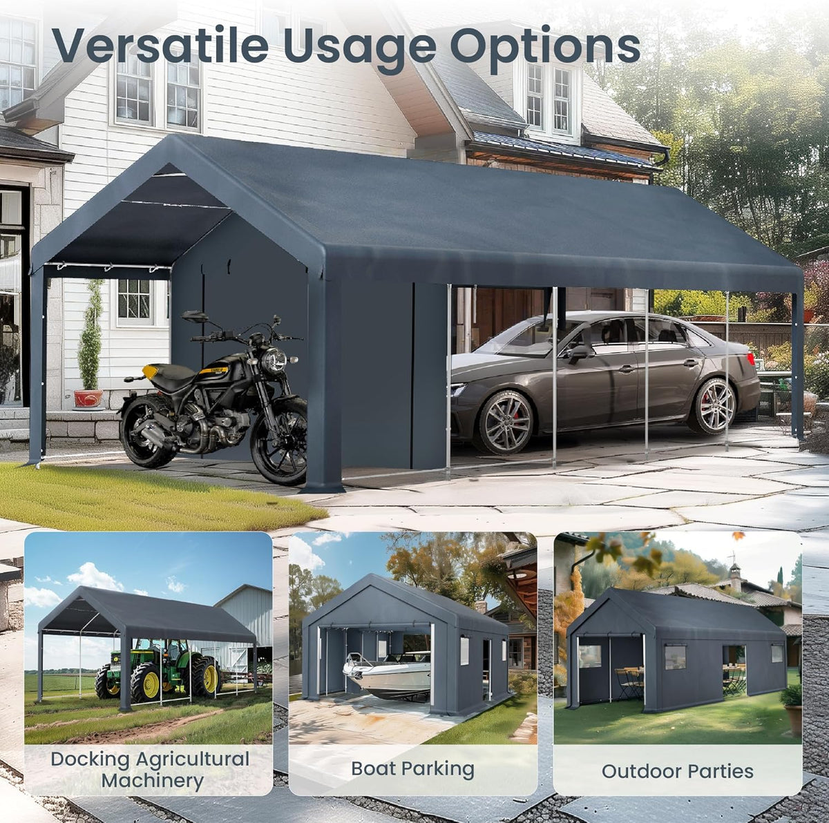 PHI VILLA 13'x24'x9.6' Outdoor Portable Storage Shelter Shed Garage with Roll up Zipper Doors & Vents Carport for Motorcycle Waterproof and UV Resistant Anti-Snow Portable Garage Kit Tent, Gray