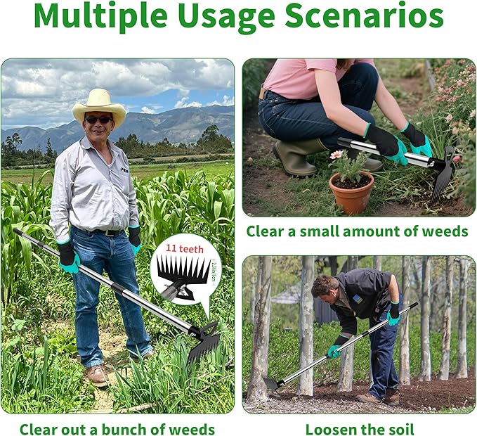 Weeding Puller Tool with Long Handle, 11 Tooth Manual Weed Rake Weeder Remover Tool Gardening with Gloves, Dandelion Gardenia Uprooting Tool for Yard, Lawn, Patio and Garden