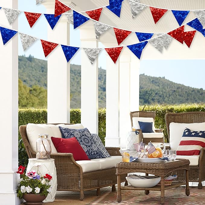 pinkblume Red Blue Silver Decorations Double Sided Sequin Fabric Triangle Pennant Banner Flag Bunting Garland for Nursery Classroom Home Bedroom Wall 4th of July American Veterans USA Holiday Decor