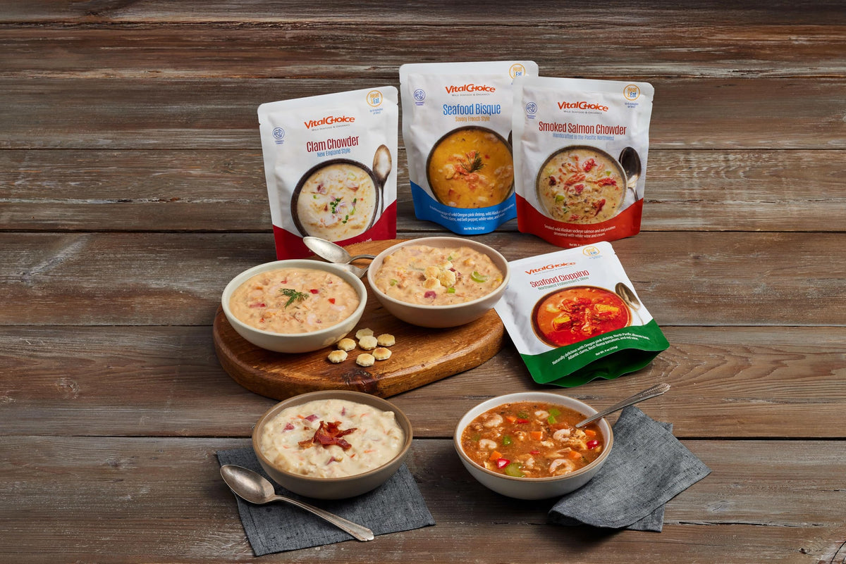 Vital Choice Seafood Soup Sampler - Wild-Caught Shelf-Stable Seafood Soups, 4-Pack (9 Oz Each) - High Protein, Ready-To-Heat