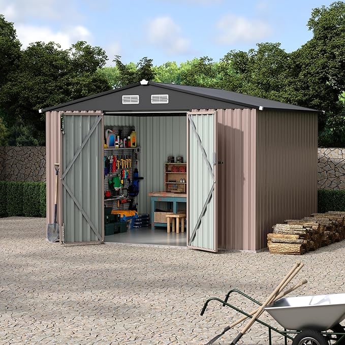 8x10 FT Metal Storage Sheds Outdoor with Floor, Metal Yard Sheds Garden Shed Kit, MetalTool Shed with Lockable Door, Metals UtilitySheds Buildings with Air Vent for Backyard Garden Patio Lawn