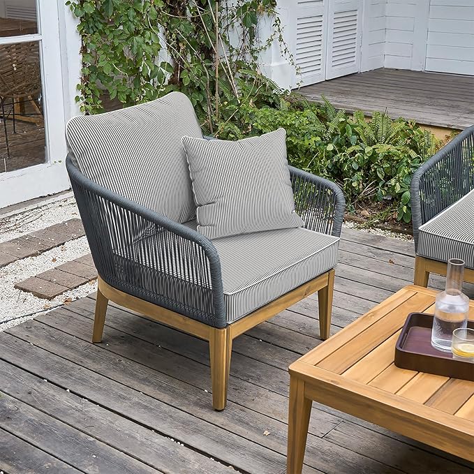LVTXIII Outdoor Seat and Back Cushion Patio Deep Seat Cushion Set Seasonal Chair Cushion for Wicker Chairs and Garden Furniture Decoration, 24"x24"x4", Strip Grey