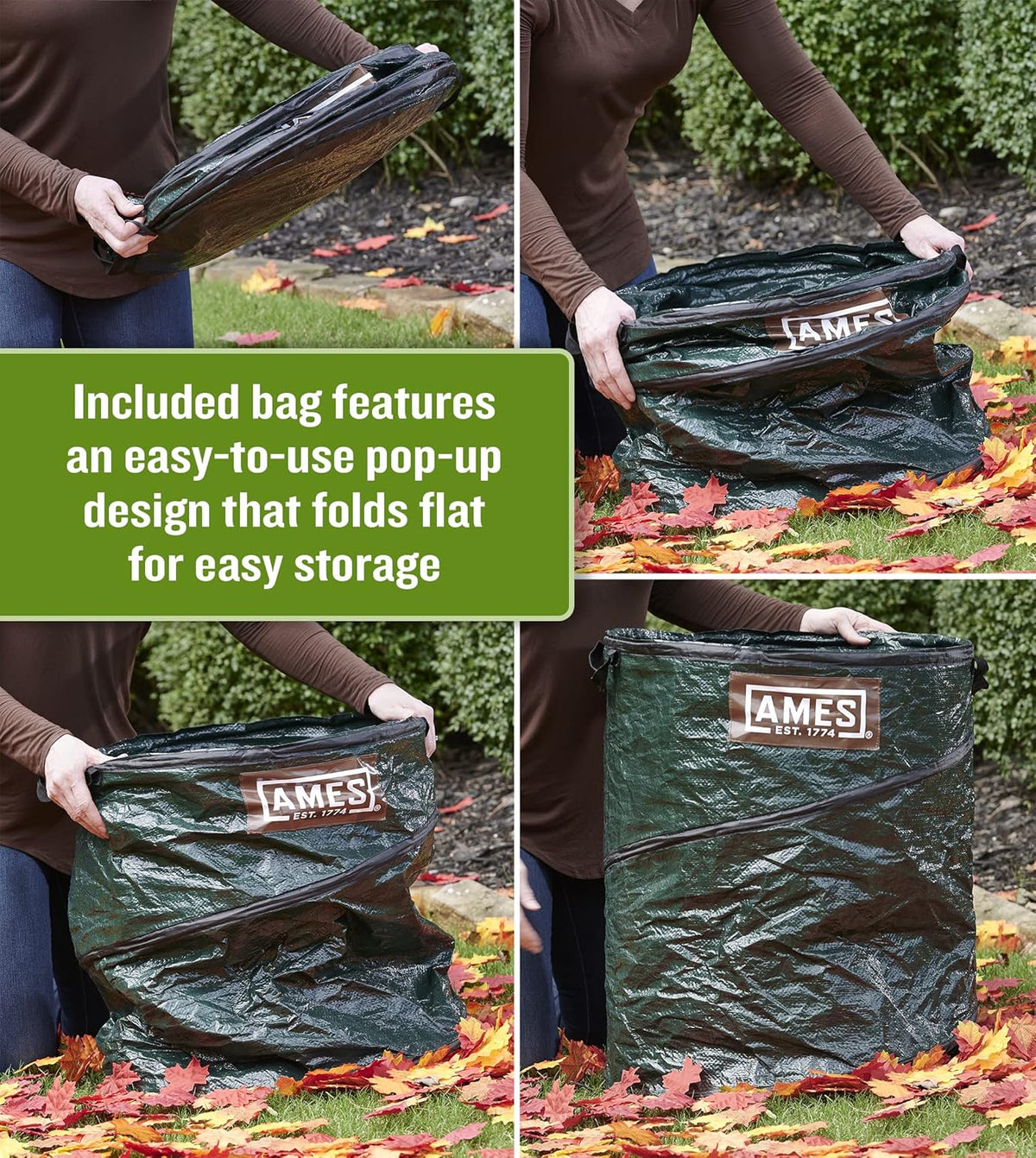 AMES Leaf Scoops Hand Rake Set with Collapsible Pop-Up Garden Waste Bag for Collecting Leaves, Mulch and Debris