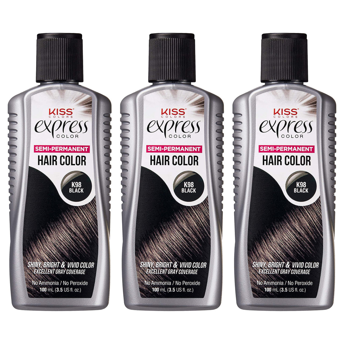 Kiss Express Semi-Permanent Hair Color 100Ml (3.5 Us Fl.Oz) (3 Count, Black)