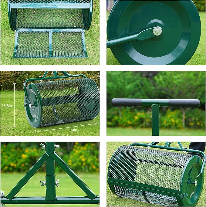 Compost Spreader- 24 inch Peat Moss Roller With improved T shape handle-Lawn & Garden Spreader For Top Dressing Compost, Fertilizer, Mulch And Soil- Strong and Lightweight material for basket