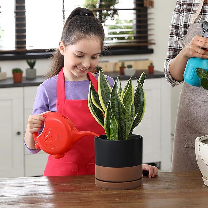 D'vine Dev 4.6 Inch & 6 Inch Ceramic Planter Pots for Plants with Drainage Hole and Saucer, Small Plant Pots Set, Black/Speckled Tan, 94-G-S-7