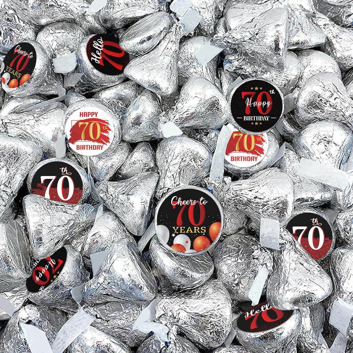 Happy 70th Birthday Party Favor Labels Chocolate Kisses Candy Stickers - 70 Years Old Birthday Round Candy Sticker Party Favors - Black and Red - 150