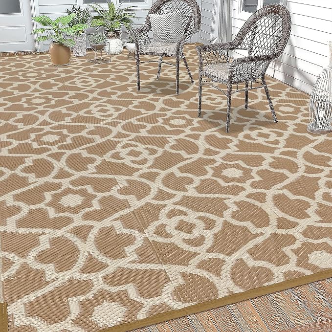 HEBE Outdoor Rug Waterproof 8x10, Plastic Straw Rug Camping Rug, Reversible Outdoor Patio Rugs RV Mat Clearance, Indoor Outside Floor Carpet for Porch,Deck,Camper,Balcony,Backyard