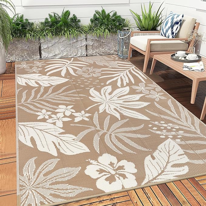 Pauwer Waterproof Outdoor Rug 6x9, Reversible Plastic Straw Patio Camping Rug, Indoor Outdoor RV Mat Carpet for Deck, Camper, Porch, Balcony, Backyard, Picnic, Floral Brown