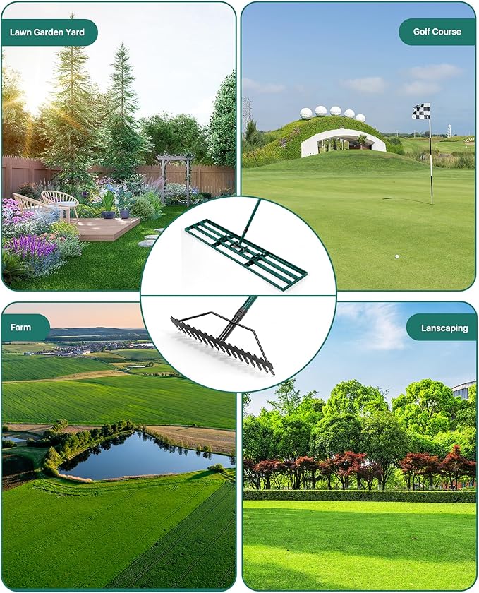 Lawn Leveling Rake 48x10'', Yard Leveling Rake with 78'' Back-Saving Adjustable Handle, Stainless Steel Lawn Leveler Tool with 17'' Tines Head for Garden, Backyard, Farm, Golf Course