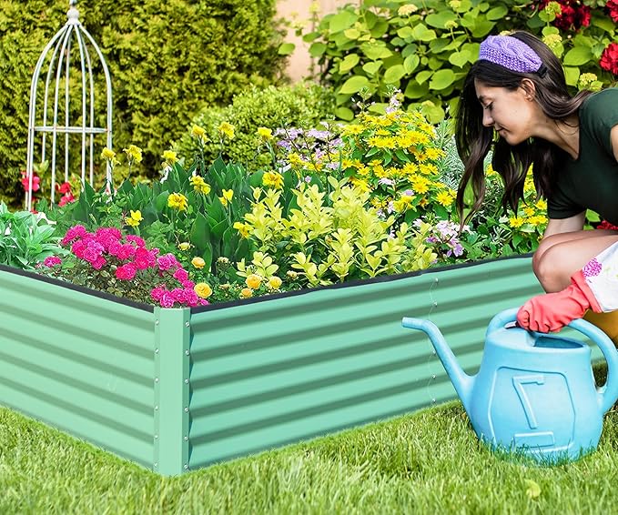 Domi Galvanized Raised Garden Bed, Outdoor Planter Garden Boxes Large Metal Planter Box for Gardening Vegetables Fruits Flowers, Green (8x4x1.5ft)