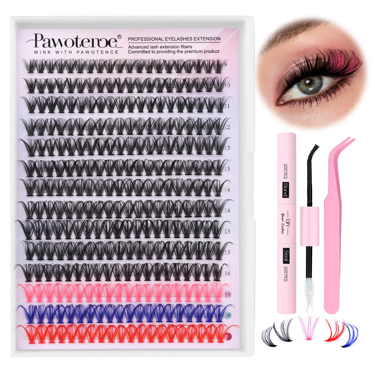 Pawotence Lash Extension Kit Diy Individual Lash Clusters Eyelash Extension Kit 9-16Mm Lash Clusters Colored With Lash Bond And