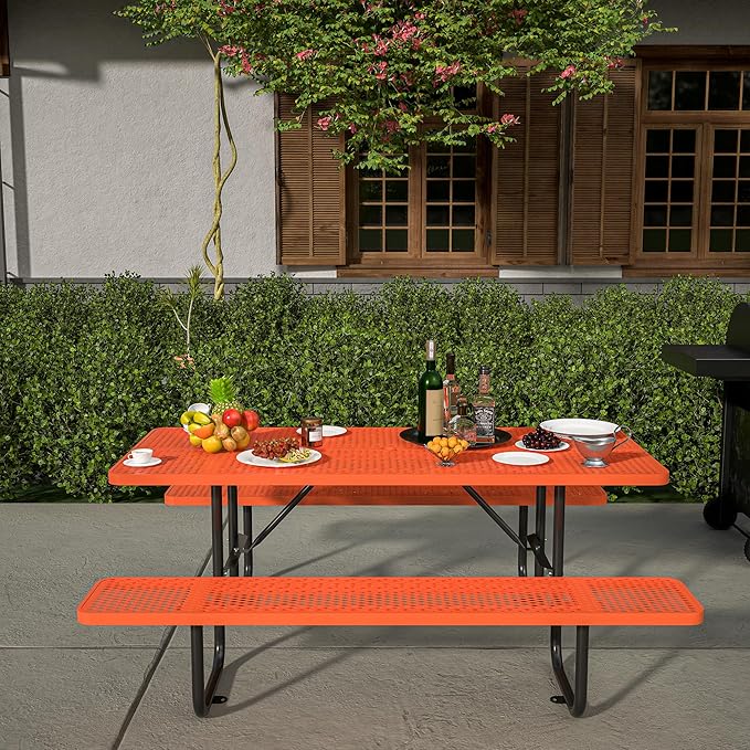 72'' Steel Rectangular Picnic Table for Outdoors, Expanded, Lifetime Picnic Table with Umbrella Hole, Heavy Duty Sturdy Commercial Picnic Tables for Garden Courtyard BBQ, Orange