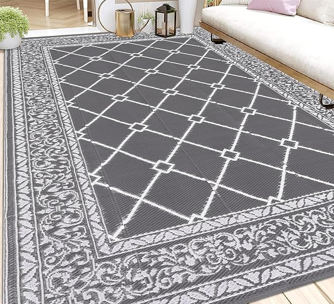 HEBE Outdoor Rug Waterproof 9x12, Reversible Plastic Straw Rug RV Camping Rug, Indoor Outdoor Patio Mat Clearance, Outside Carpet for Porch,Deck,Camper,Balcony,Backyard,Picnic