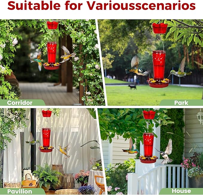 Hummingbird Feeder 2pack-14Ounces,5 Feeding Ports Glass Hummingbird feeders for Outdoors,Wide Mouth for Easy Filling/Cleaning,Hanging for Garden Backyard Decor, Includes Ant Moat (Red)