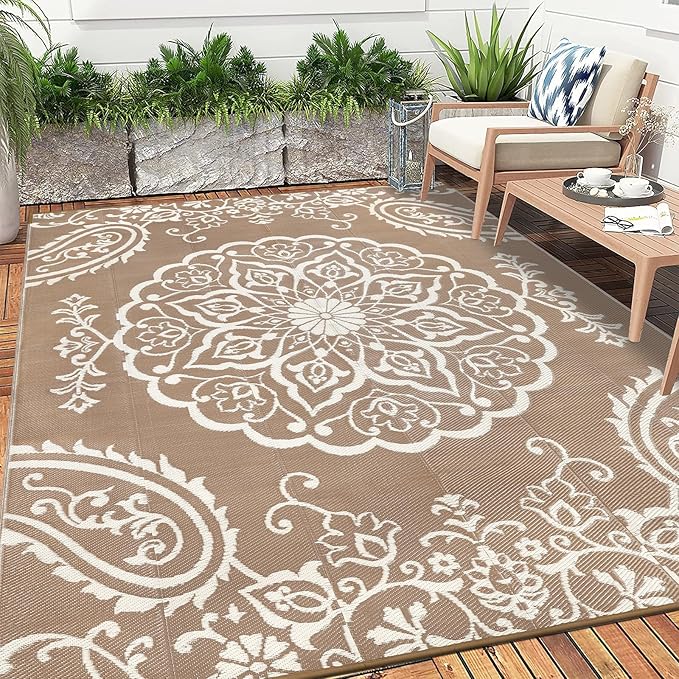 Pauwer Waterproof Outdoor Rug 10x14, Reversible Plastic Straw Patio Camping Rug, Indoor Outdoor RV Mat Carpet for Deck, Camper, Porch, Balcony, Backyard, Picnic, Boho Brown