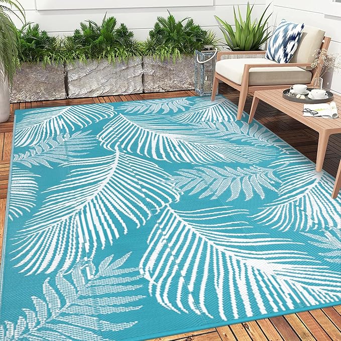 Pauwer Waterproof Outdoor Rug 8x10, Reversible Plastic Straw Patio Camping Rug, Indoor Outdoor RV Mat Carpet for Deck, Camper, Porch, Balcony, Backyard, Picnic, Leaf Teal