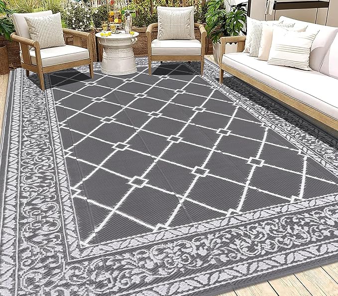 HEBE Outdoor Rug Waterproof 8x10, Reversible Plastic Straw Rug RV Camping Rug, Indoor Outdoor Patio Mat Clearance, Outside Carpet for Porch,Deck,Camper,Balcony,Backyard,Picnic