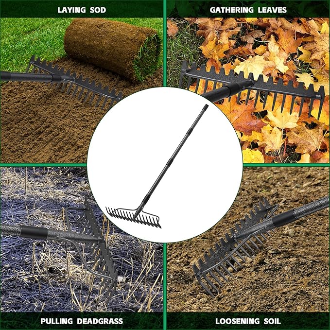 49'' Bow Rake ,17 Tines Metal Head Rakes with Stainless Steel Handle,Heavy Duty Garden Rake for Loosening Soil Gathering Leaf Leveling Lawn Farming Land Management Yarn Thatch Rake