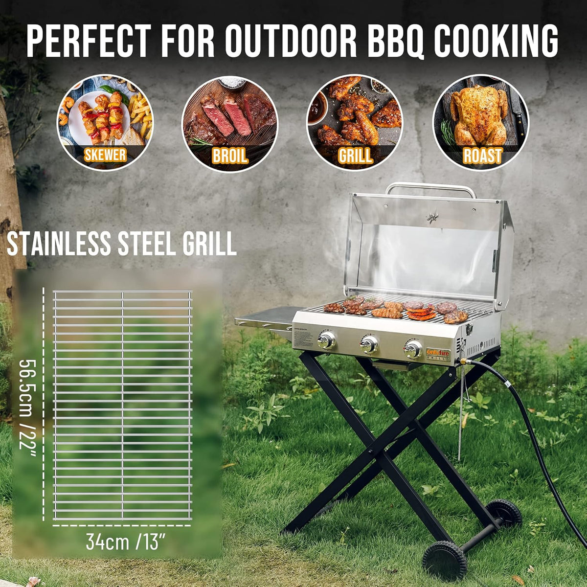 BBQ Gas Grill 3-Burner with Foldable Cart & Side Table, Portable Propane Grill with Lid for Outdoor Patio Backyard Barbecue Camping Tailgating RV Trip, Stainless Steel, GS308