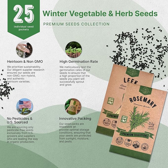 Organo Republic 25 Winter Vegetable & Herb Garden Seeds Variety Pack for Outdoors & Indoor Home Gardening 22,840+ Non-GMO Heirloom Seeds Broccoli Beet Carrot Cabbage Radish Pea Mint Thyme Parsley
