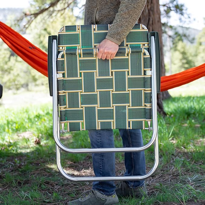 Lawn Chair USA Folding Aluminum Outdoor Patio Lawn Chair | Heavy-Duty Webbed Chairs for Camping, Sports, Beach, Yard & Tailgating | Lightweight Portable | Classic - Charleston Green with Green Arms