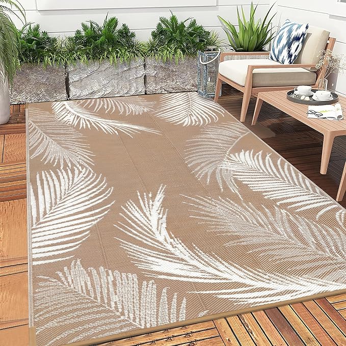 Pauwer Waterproof Outdoor Rug 6x9, Reversible Plastic Straw Patio Camping Rug, Indoor Outdoor RV Mat Carpet for Deck, Camper, Porch, Balcony, Backyard, Picnic, Leaf Brown