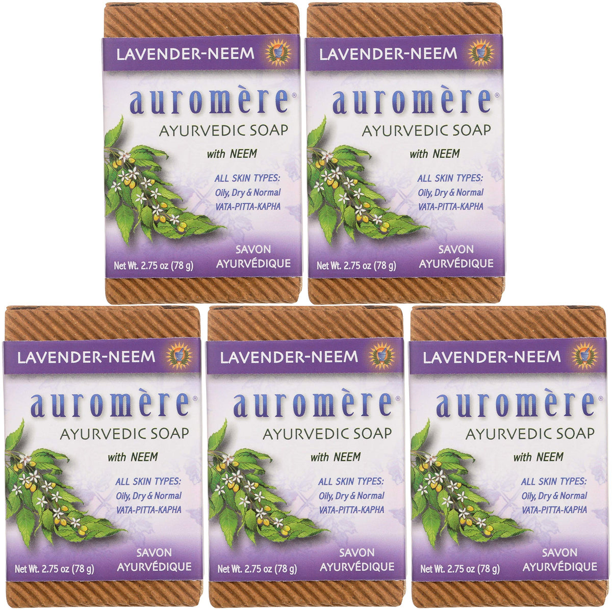 Auromere Ayurvedic Bar Soap, Lavender Neem - Eco Friendly, Handmade, Vegan, Cruelty Free, Natural, Non Gmo (2.75 Oz), 5 Pack