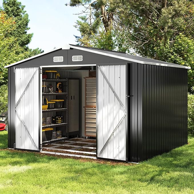 Aoxun 9.4x7.3x6.5 FT Outdoor Storage Shed with Base Outdoor Metal Shed for Tool, Garden, Bike, Placed in Patio, Garden Base Included (Black)