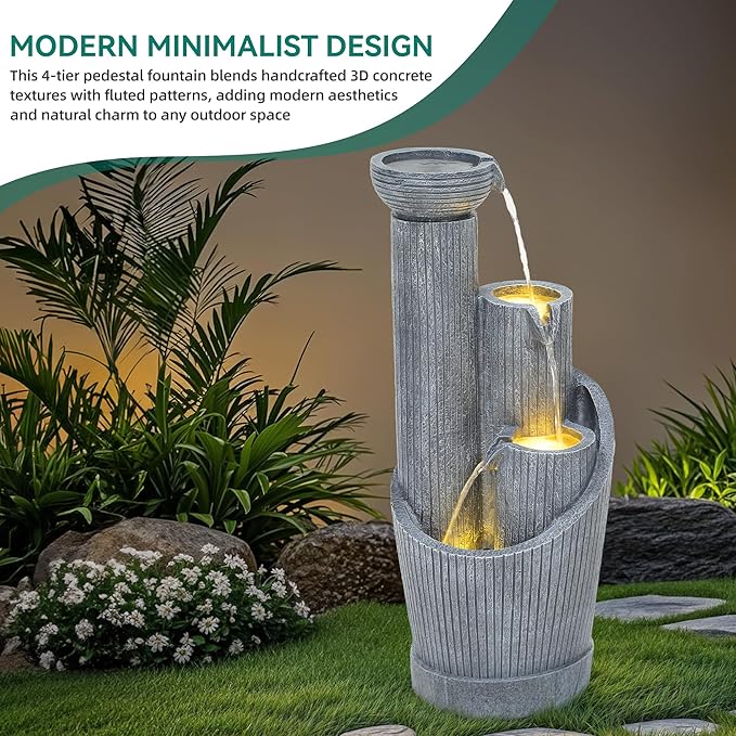 31" Modern Outdoor Water Fountain with LED Lights, 5-Tier Twist Pedestal Bowl Garden Fountain, Cascading Waterfall for Relaxing Garden, Patio, Backyard, Deck, Porch or Home Decor