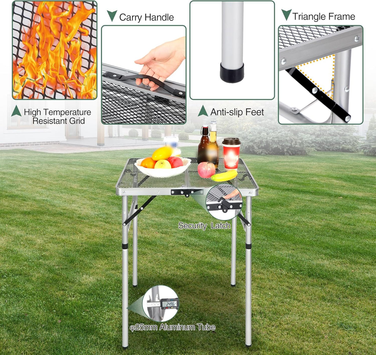 REDCAMP 24" Square Folding Grill Table for Outside, Lightweight Portable Metal Aluminum Outdoor Grill Table with Adjustable Height Legs, Great for Camping Picnic Cooking BBQ, Silver 2ft
