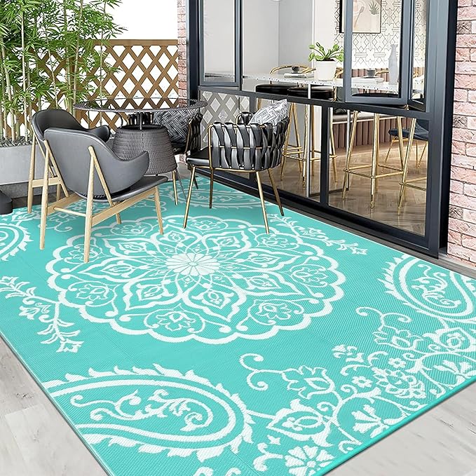 Pauwer Waterproof Outdoor Rug 6x9, Reversible Plastic Straw Patio Camping Rug, Indoor Outdoor RV Mat Carpet for Deck, Camper, Porch, Balcony, Backyard, Picnic, Boho Light Blue