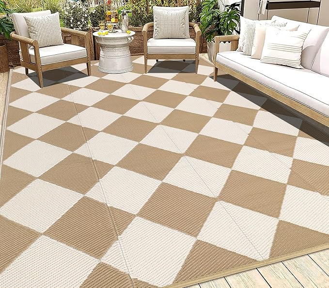 HEBE Outdoor Rug Waterproof 8x10, Plastic Straw Rug Camping Rug, Reversible Outdoor Patio Rugs RV Mat Clearance, Indoor Outside Floor Carpet for Porch,Deck,Camper,Balcony,Backyard