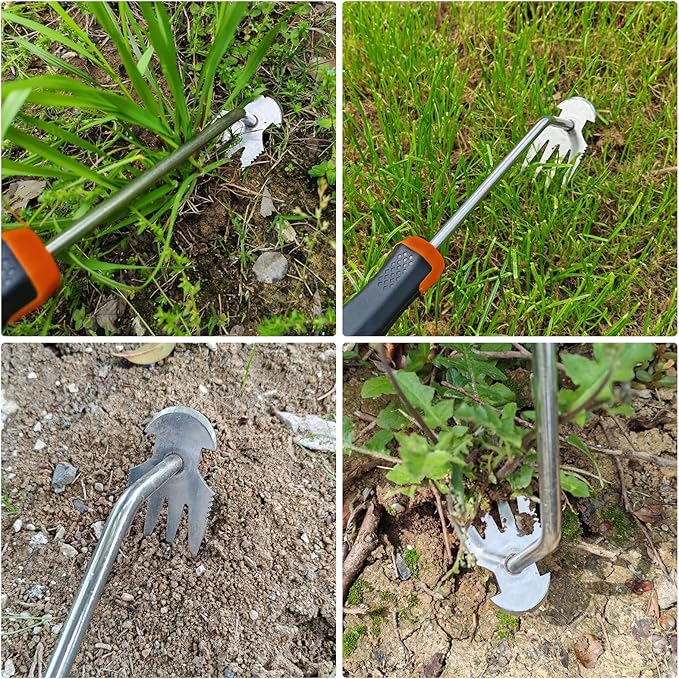 Weeder Puller Tool, Stainless Steel Thickened Hand Weeder Tool, Portable Weed Remover Tool,4 Teethe Waterproof Manual Weed Puller, Multi Function Garden Tools for Yard (Rubber Handle)