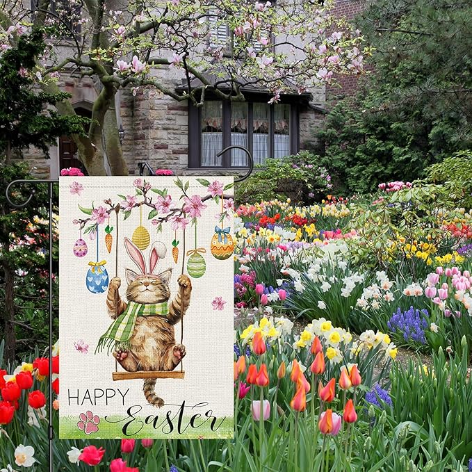 Heyfibro Happy Easter Cute Cat Garden Flag 12x18 Double Sided Burlap, Spring Summer Magnolia Flower Easter Egg Small Yard Banner for Seasonal Holiday Farmhouse Yard Outdoor Decor(ONLY FLAG)