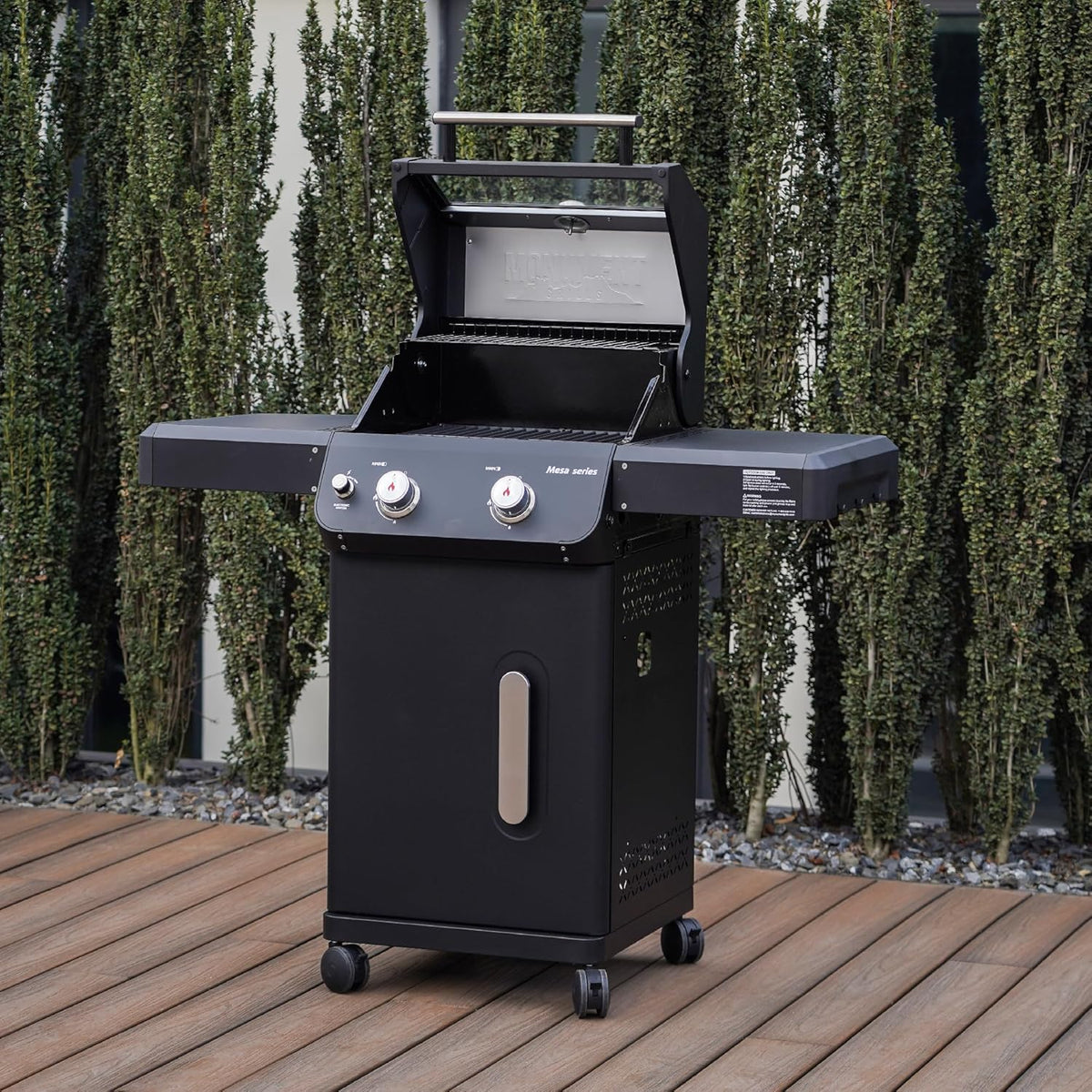 Monument Grills 2-Burner Stainless Steel Liquid Propane Gas Grill, Two Foldable Shelves Patio Garden Barbecue Grill with Clearview® Lid, Knob Control Mesa220, Black