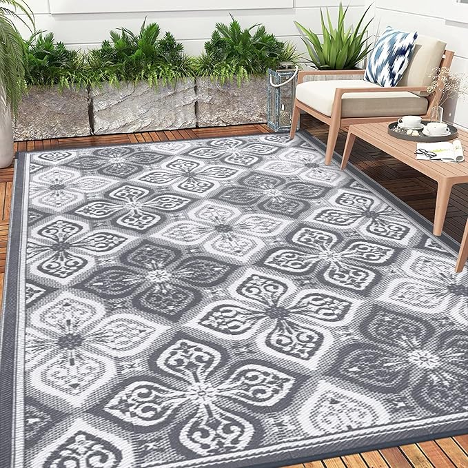Pauwer Reversible Outdoor Rug, 6'x9', Waterproof, Polypropylene, Clover Grey, Area Rug for Patio, RV, Camping, Picnic, Backyard, Deck, Balcony, Porch