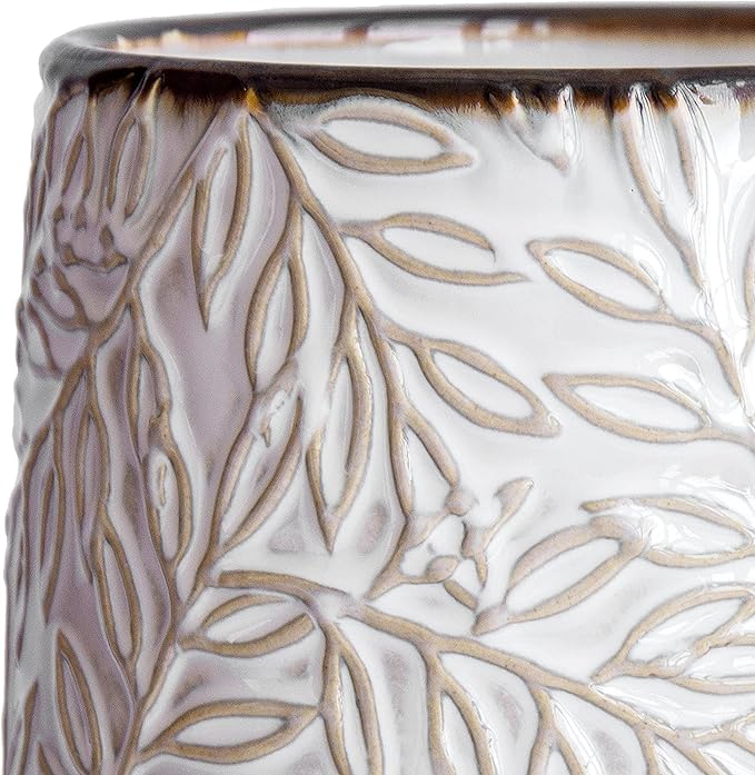 D'vine Dev 4 Inch Embossed Leaves Stoneware Planter Pot with Drainage Hole and Saucer, Smoked White, Set of 1, 27-A-Z-1