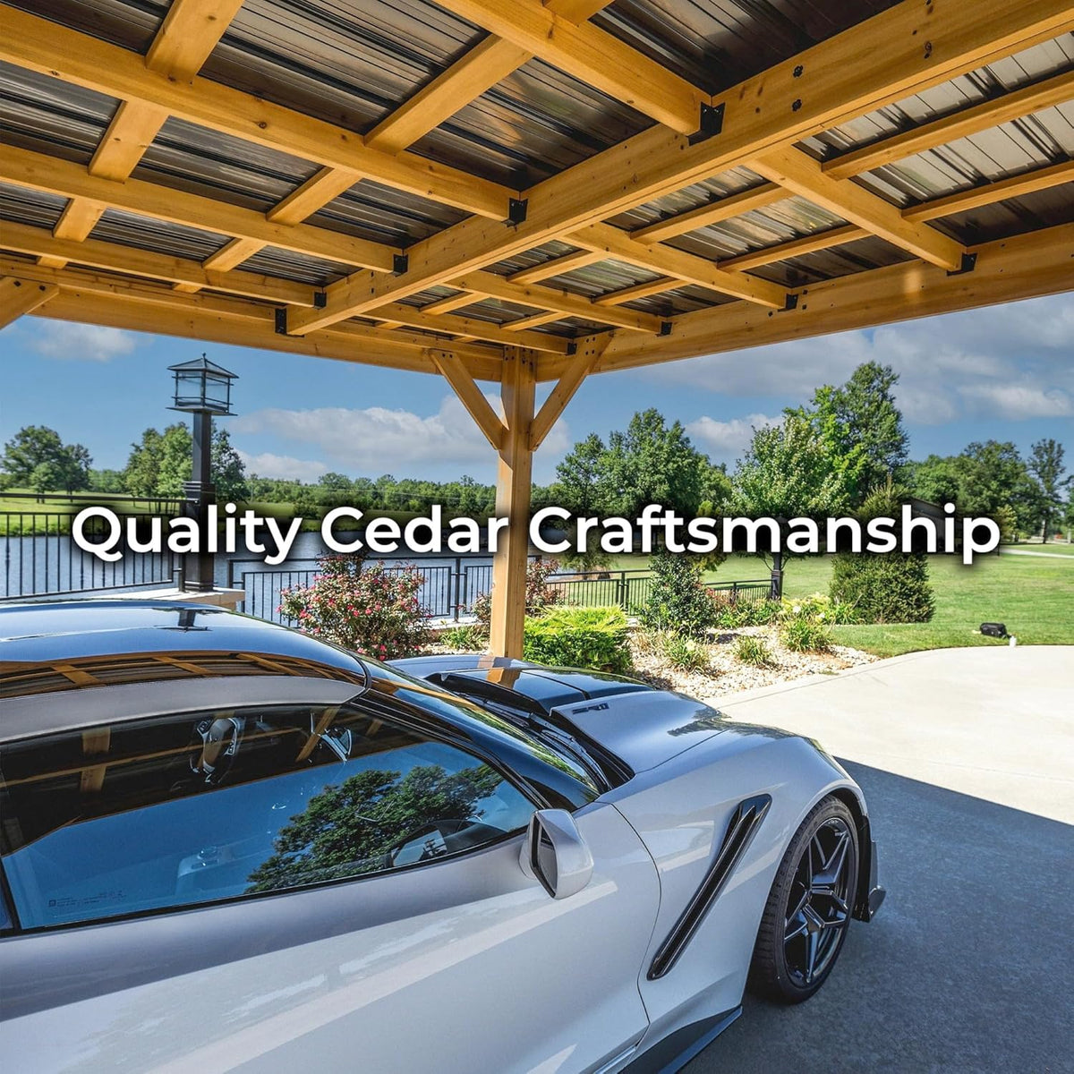 Backyard Discovery Kingsport 20' x 12' Cedar Wood Outdoor Carport Garage with Heavy-Duty Galvanized Steel Slope Roof, Snow Support, Wind Resistance, PowerPort, Shelter to Protect Cars, Boats, Trucks