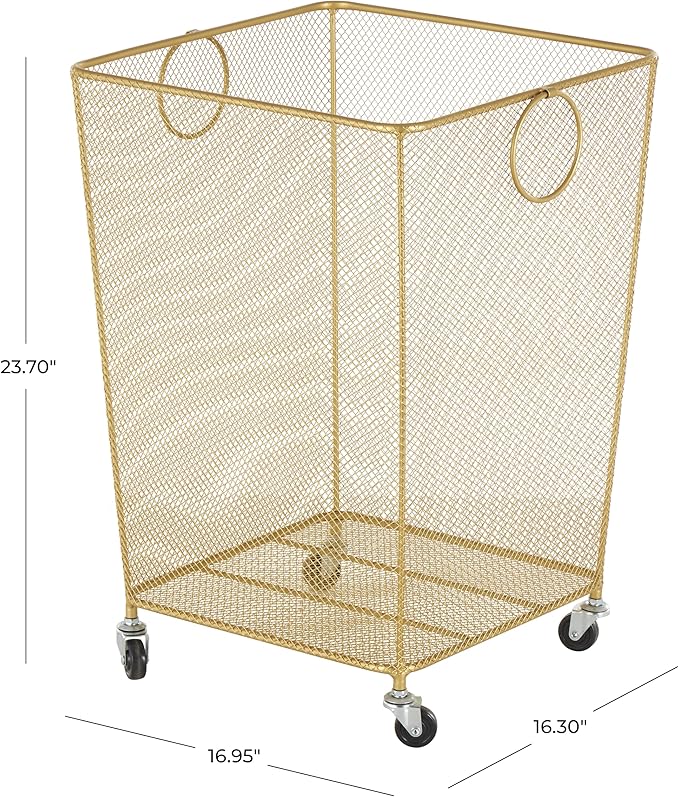 Deco 79 Metal Storage Cart Square Mesh Wire Rolling Laundry with Ring Handles, 17" x 16" x 24", Gold