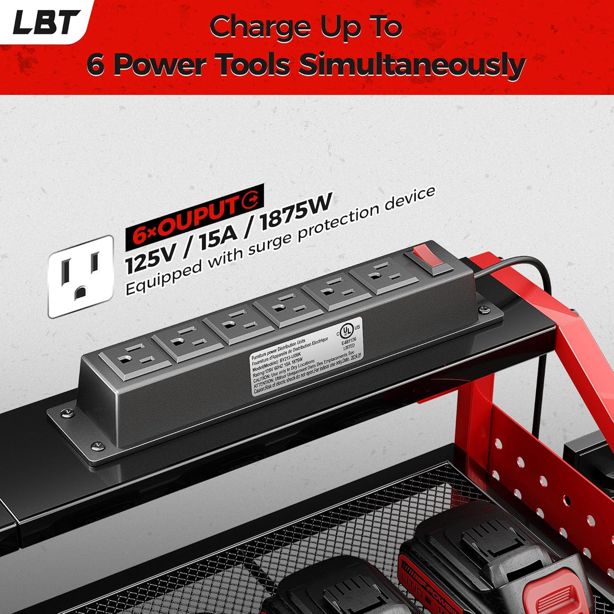 LBT Power Tool Organizer With Charging Station,Patented,Heavy Duty Steel,6 Drilling Rig Sizes With Hooks And Screw Boxes,6 sockets,Easy To Install Garage Storage Rack,Great Gift For Men, Red