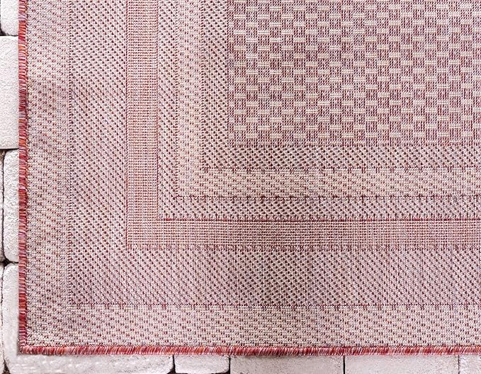 Unique Loom Outdoor Border Collection Area Rug - Soft Border (5' 3" x 8' Rectangle, Rust Red/ Ivory)
