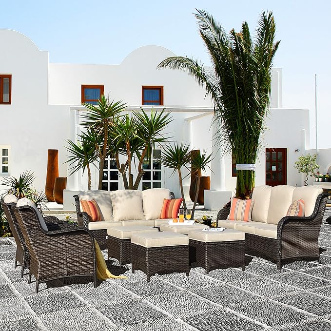 ovios 8 Pieces Patio Furniture Set, Outdoor Wicker Sofas with 2 Chairs, 4 Ottomans and Comfy Cushions, All Weather High Back Couch Set for Deck Porch, Brown Rattan, Beige