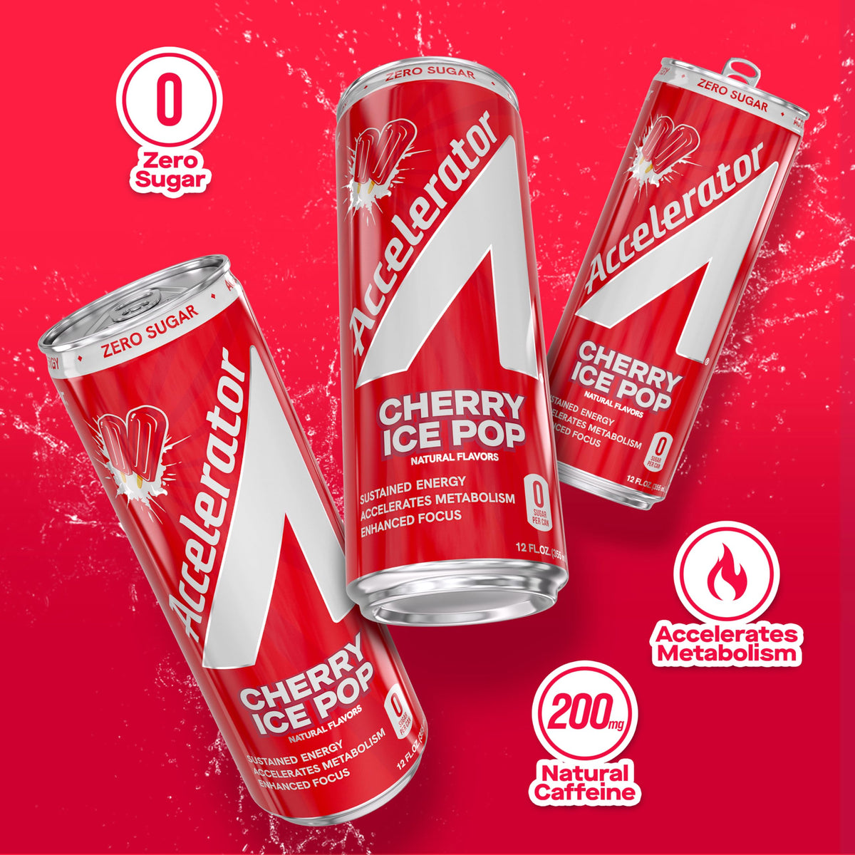 Accelerator Cherry Ice Pop Energy Drink – 12 Pack, Zero Sugar, 200mg Natural Caffeine